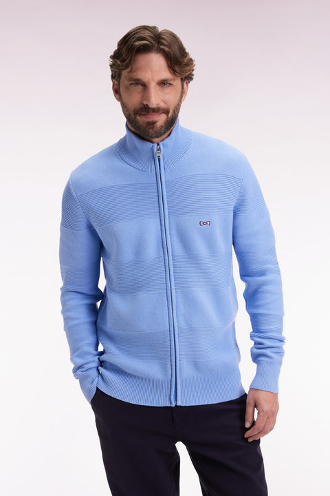 Zip-up cardigan in sky cotton honeycomb, straight cut - Image 1