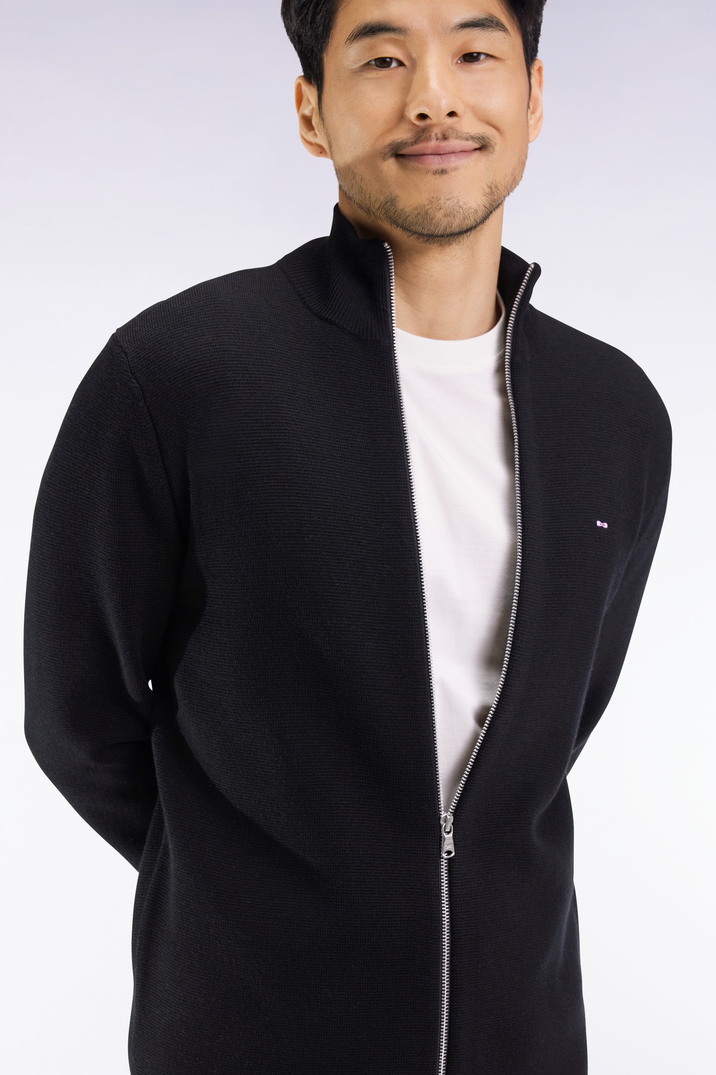 Black straight-cut merino wool cardigan