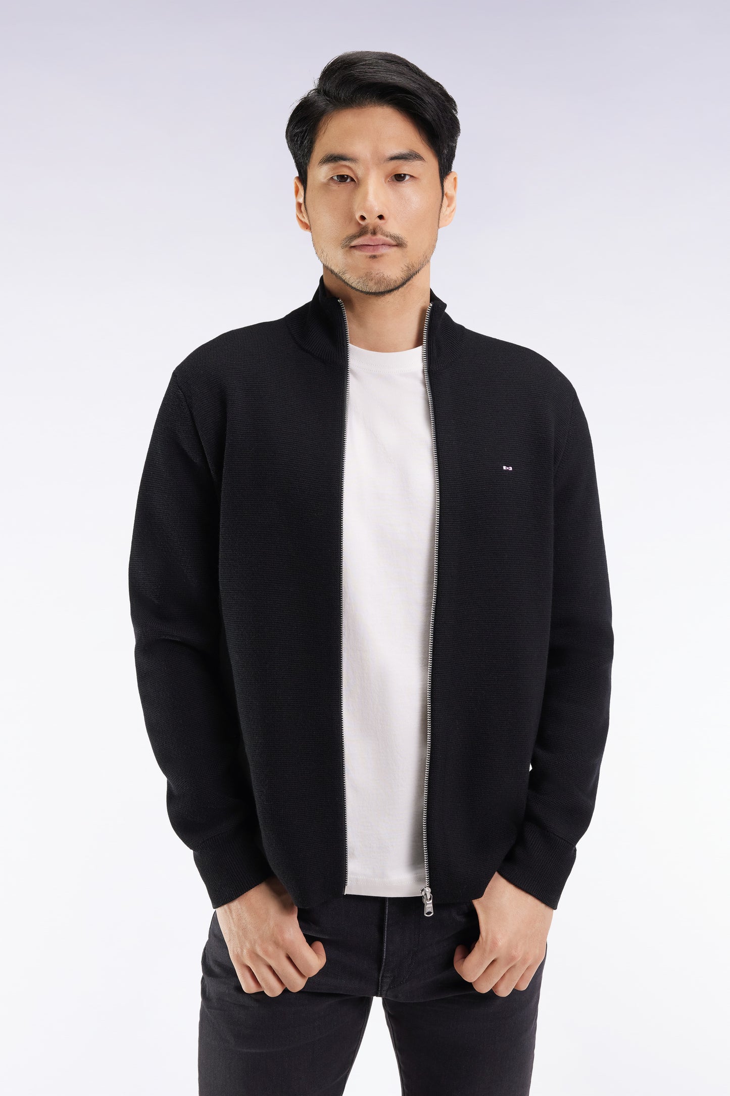 Black straight-cut merino wool cardigan