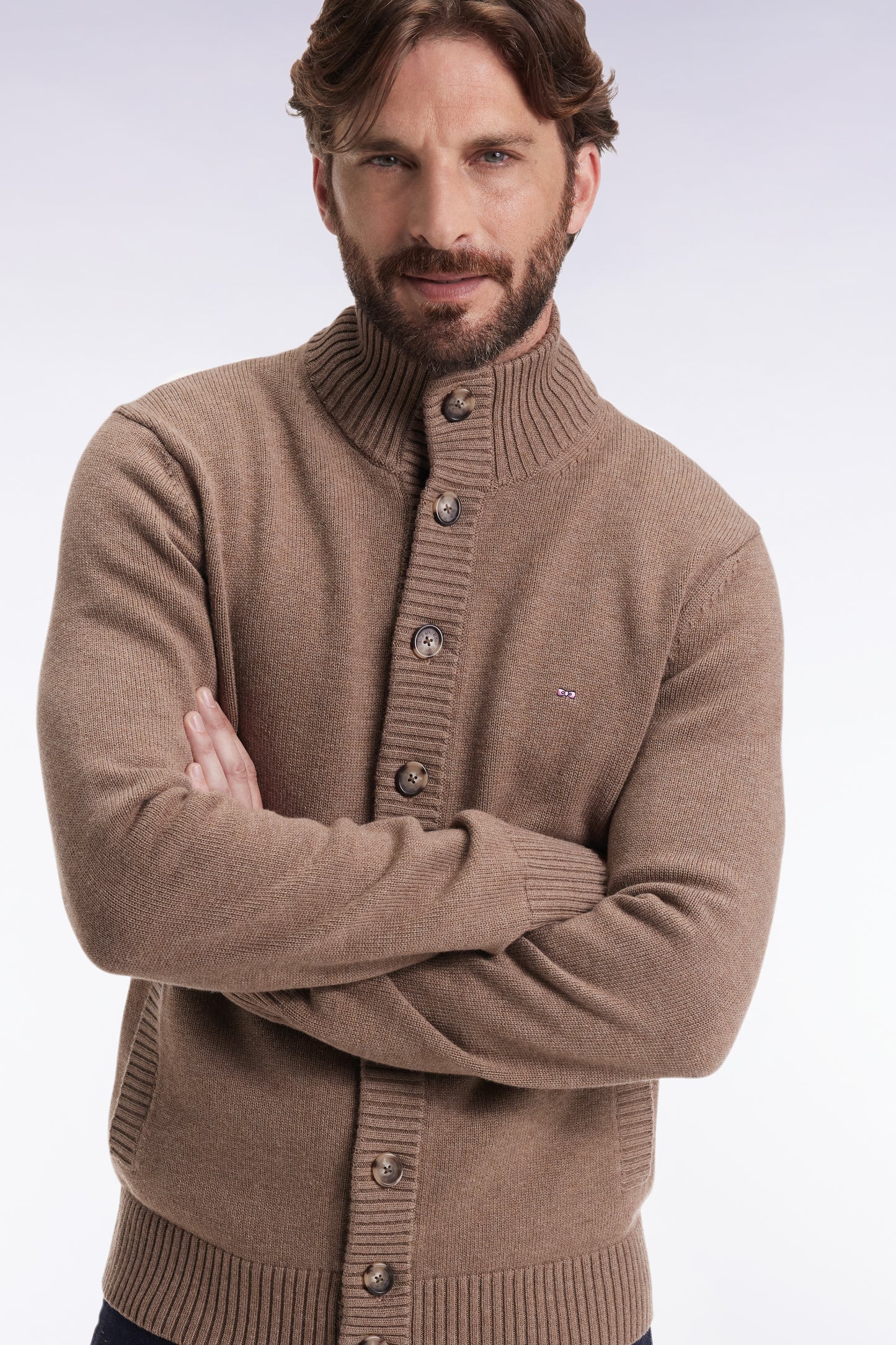 Camel wool and cotton cardigan with stand-up collar