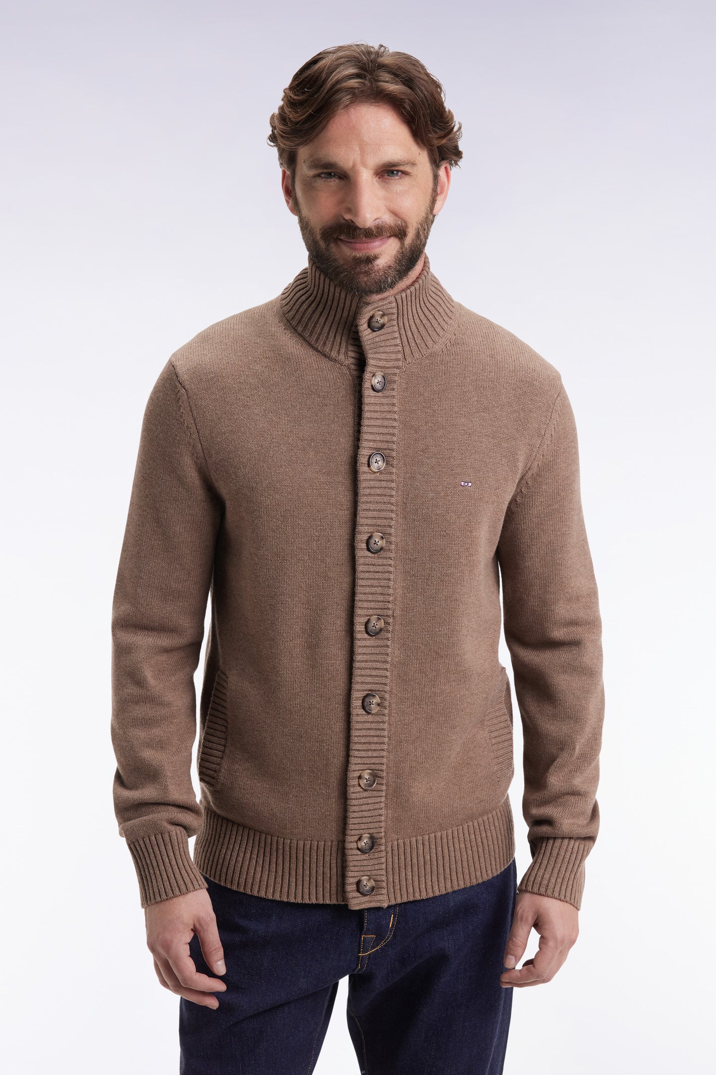 Camel wool and cotton cardigan with stand-up collar