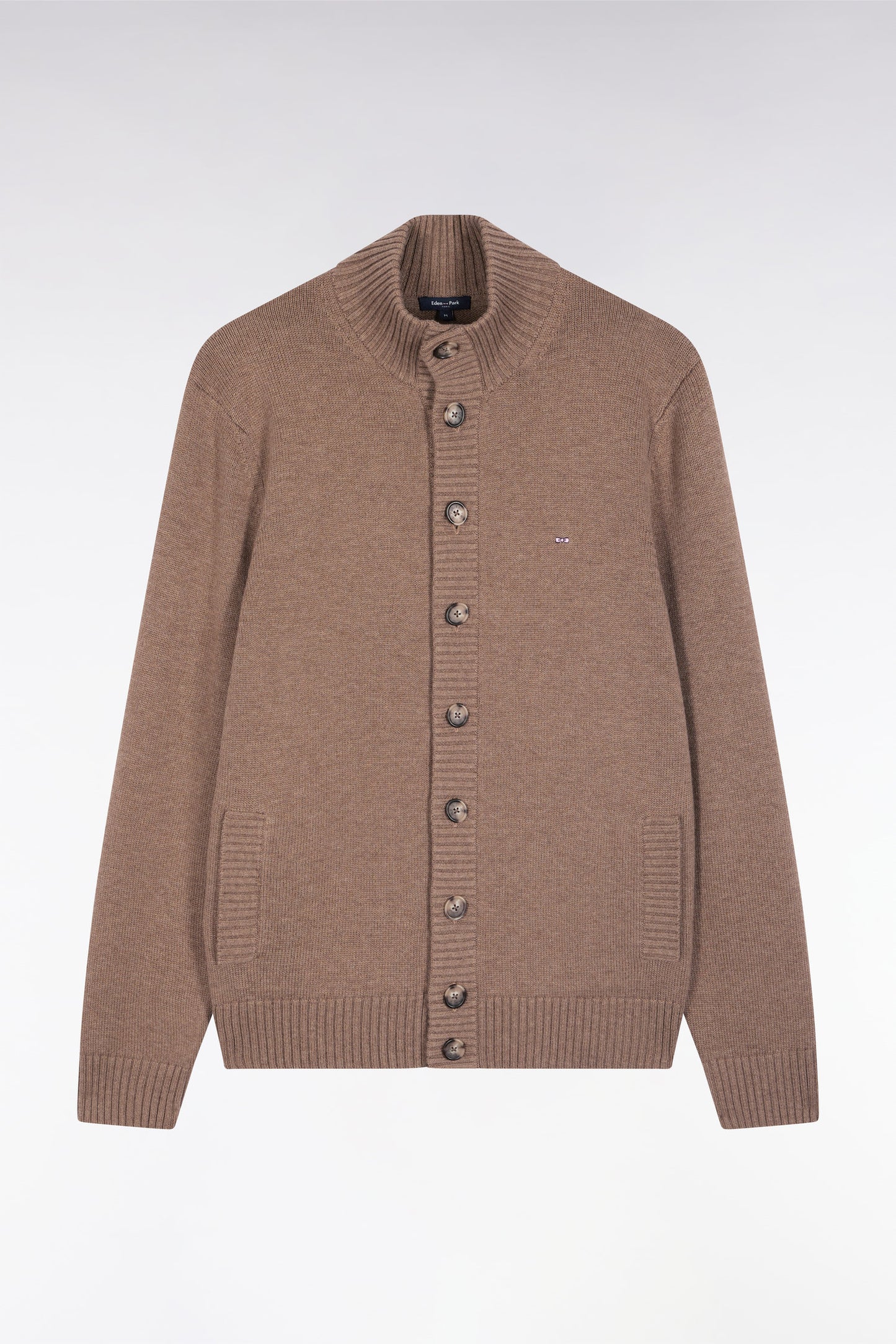 Camel wool and cotton cardigan with stand-up collar