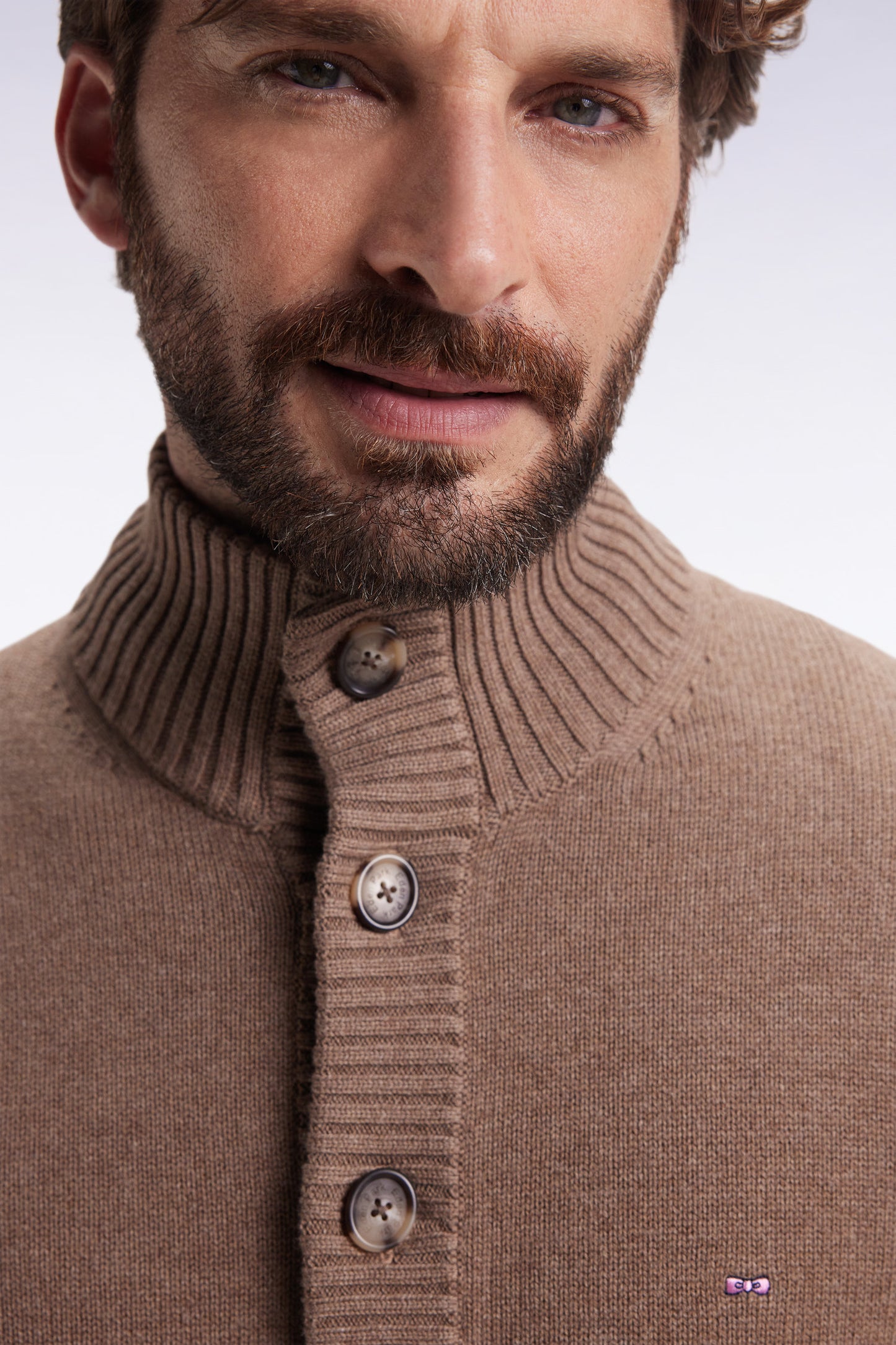 Camel wool and cotton cardigan with stand-up collar