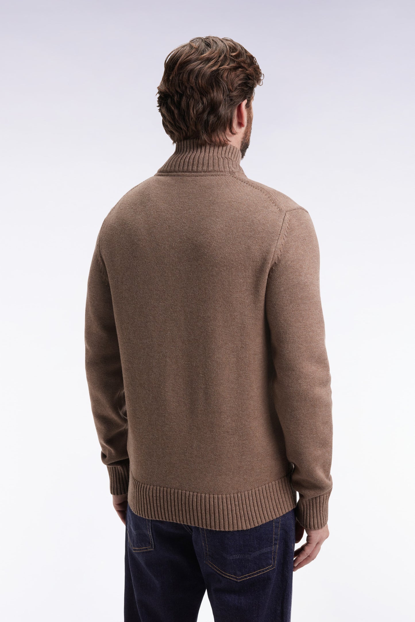 Camel wool and cotton cardigan with stand-up collar
