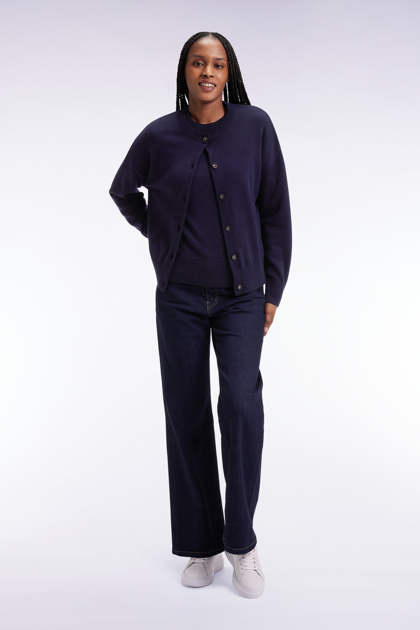 Relaxed-fit cardigan in wool and navy cotton