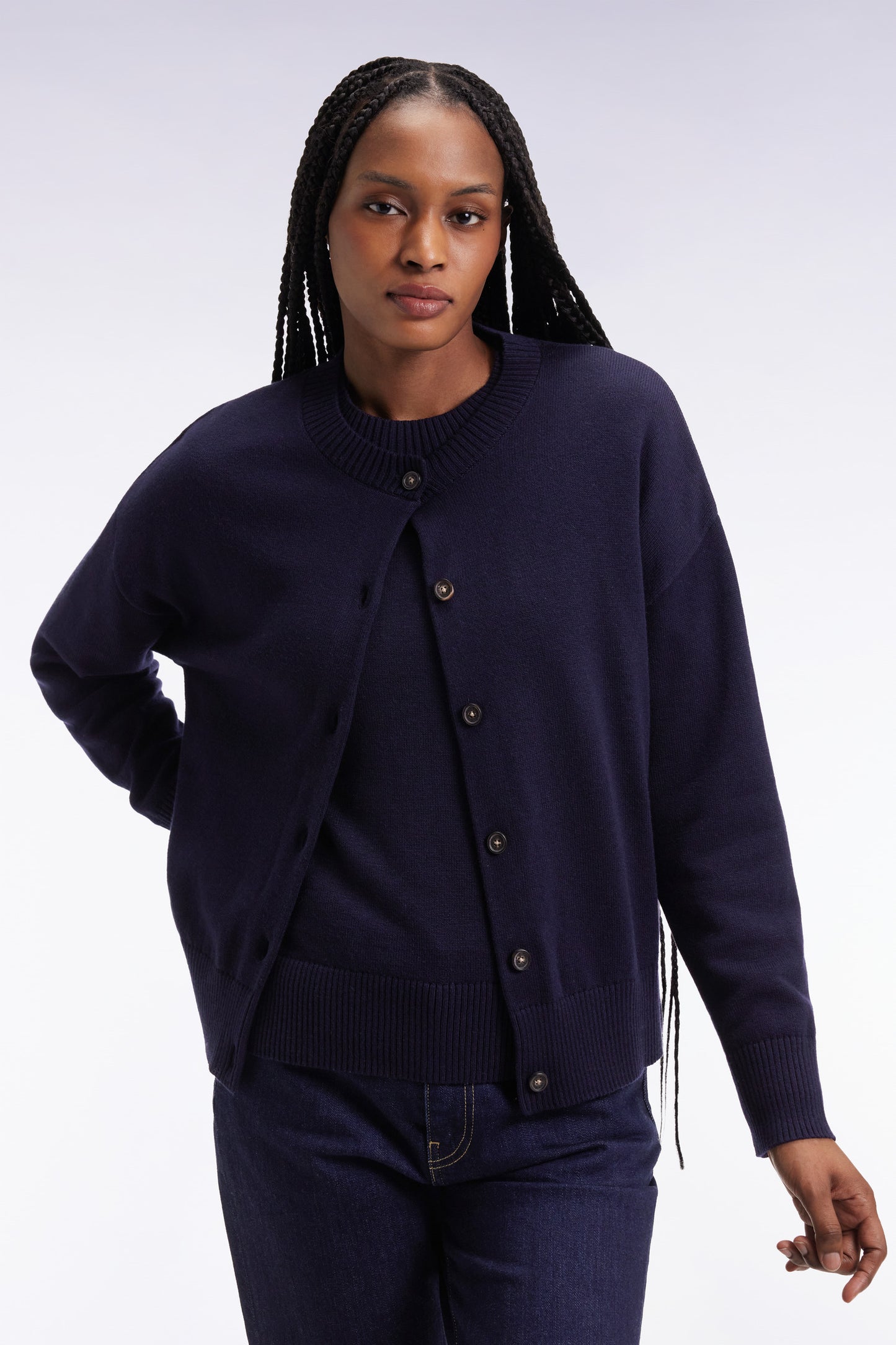 Relaxed-fit cardigan in wool and navy cotton