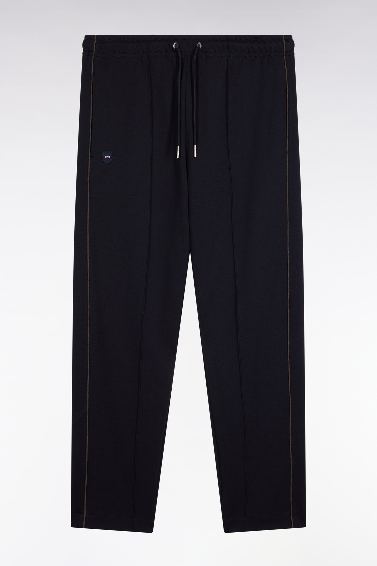 Navy brushed fleece jogging suit with piping and front pleats, straight cut