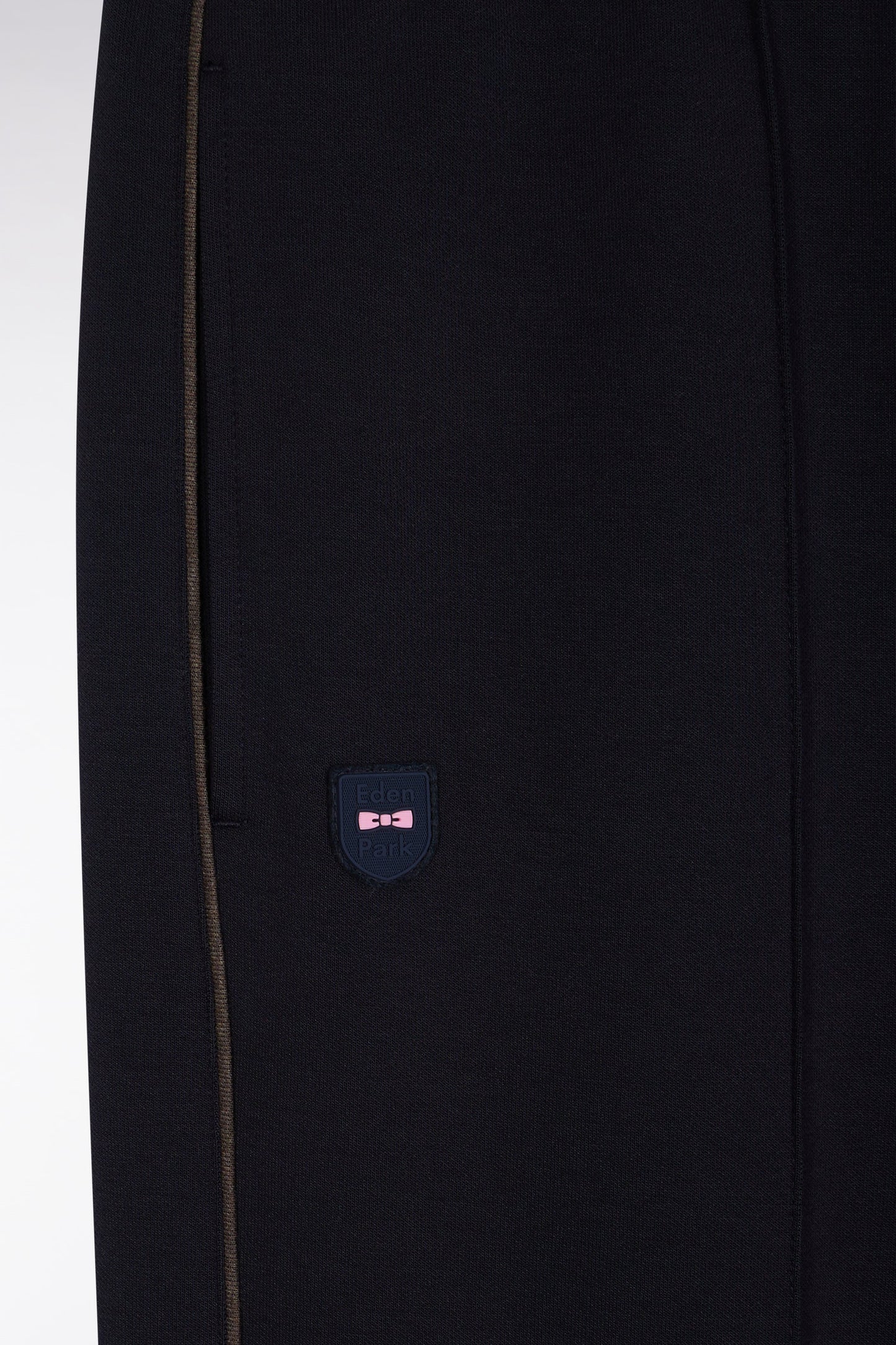 Navy brushed fleece jogging suit with piping and front pleats, straight cut