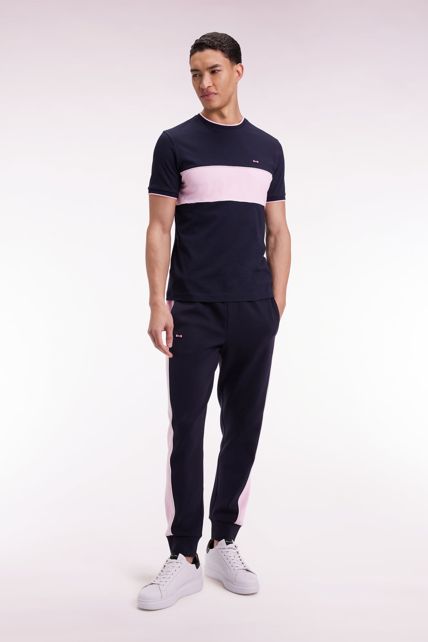 Navy brushed fleece jogging suit with pink stripes, straight cut