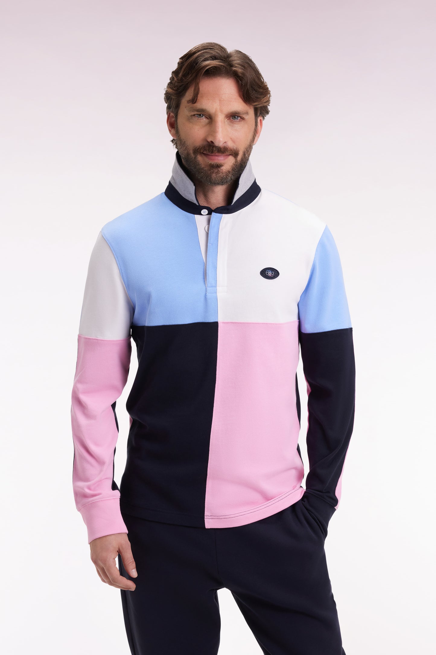 Long-sleeved jersey in thick colorblock cotton jersey, straight cut