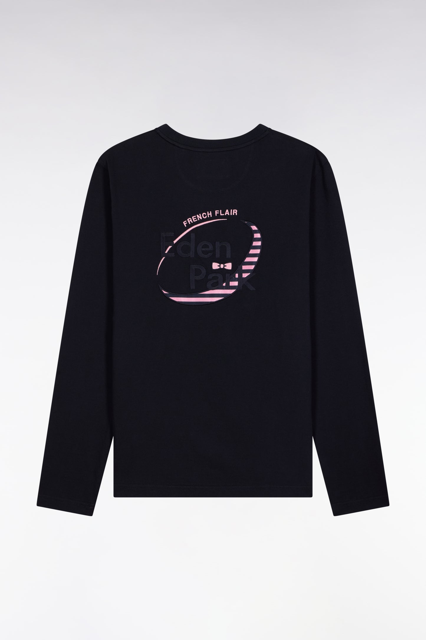 Long-sleeved jersey in thick navy cotton jersey with embroidered straight cut