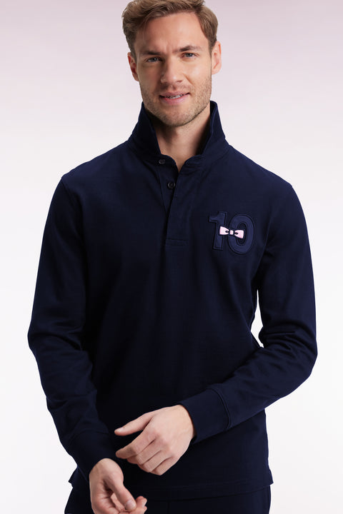 Long-sleeved jersey in thick navy cotton jersey with embroidered straight cut - Image 1