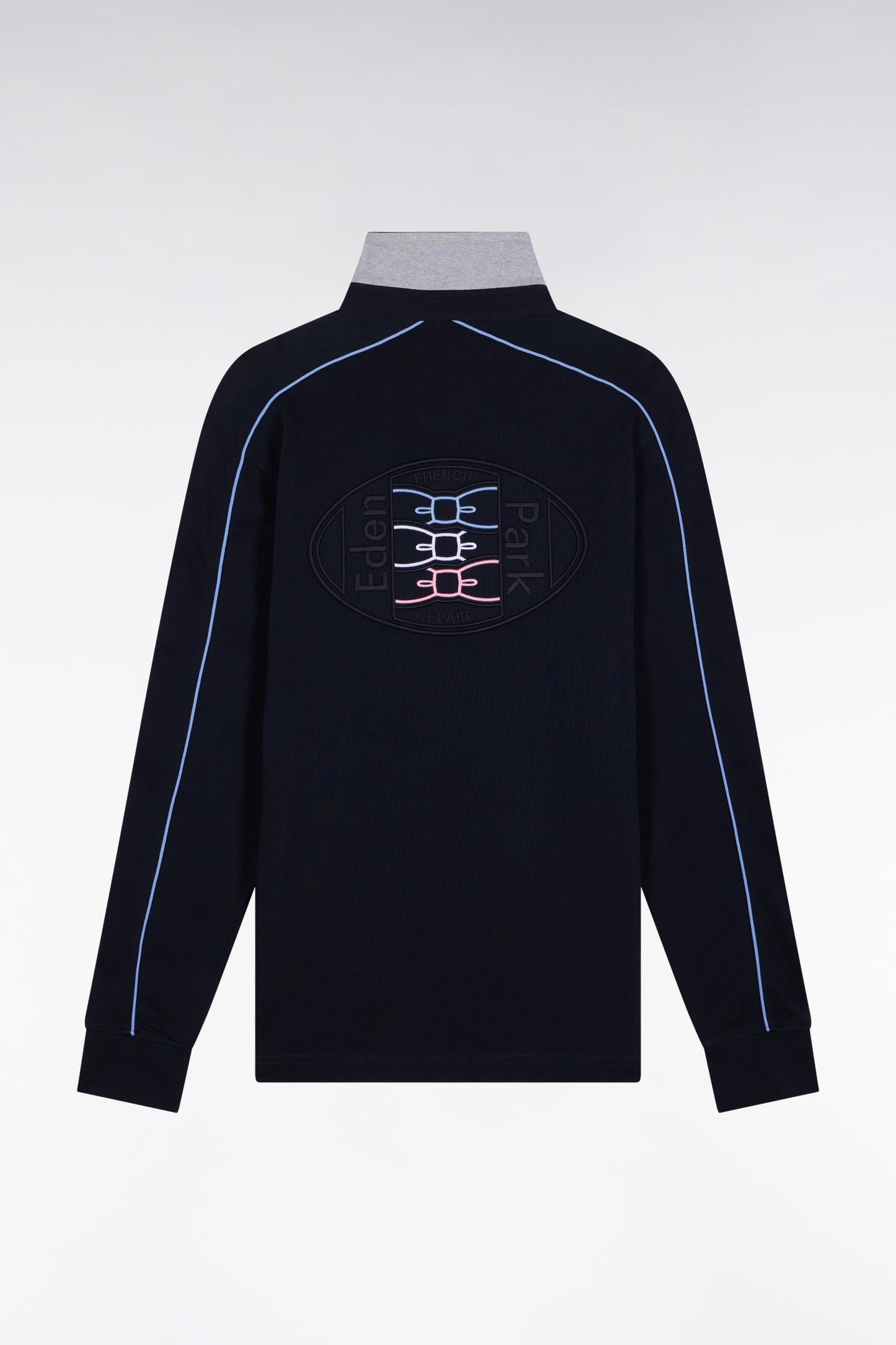 Long-sleeved shirt in thick navy cotton jersey with straight cut piping