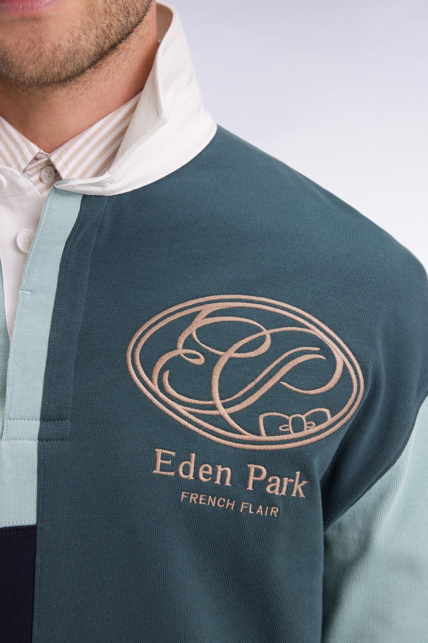Long-sleeved jersey in green cotton with cut-and-sew dials