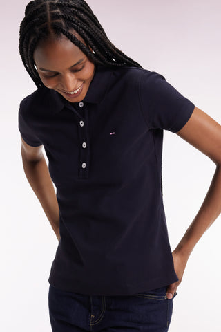 Short-sleeved polo shirt in navy stretch cotton, slim fit