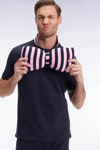 Short-sleeved polo shirt in navy Pima cotton with striped undercollar, straight cut