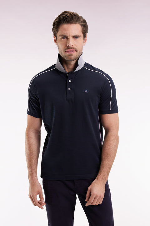 Short-sleeved polo shirt in navy cotton piqué with colored piping - Image 1