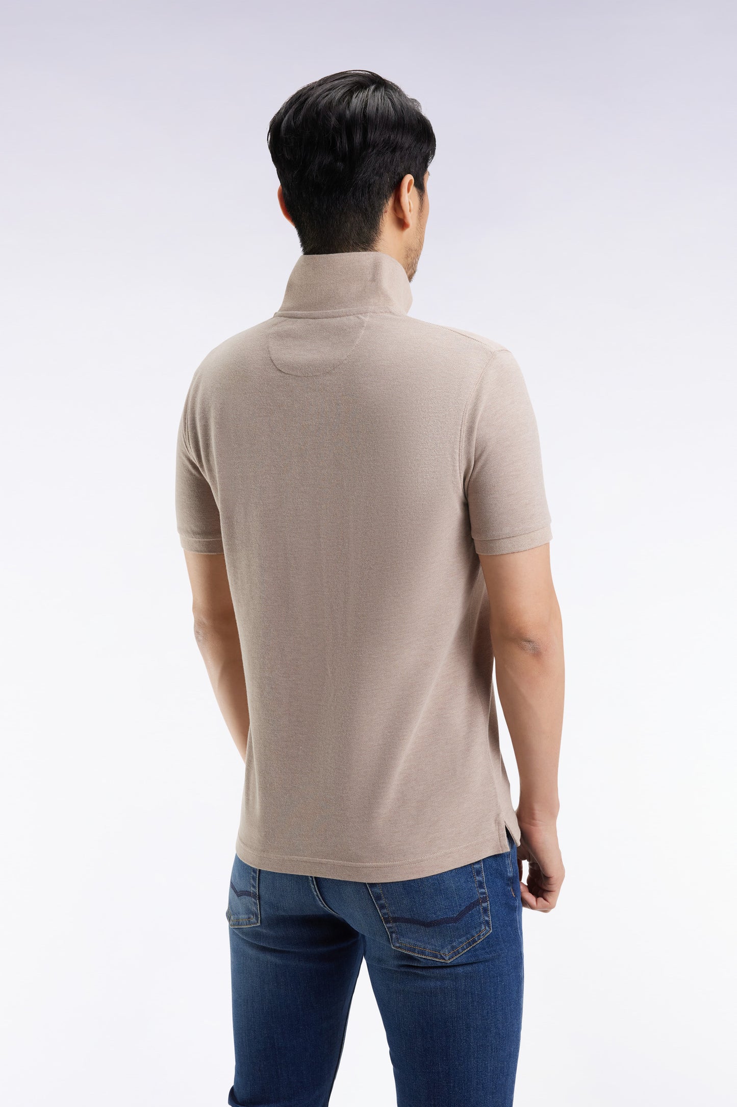 Short-sleeved polo shirt in beige mottled cotton, straight cut
