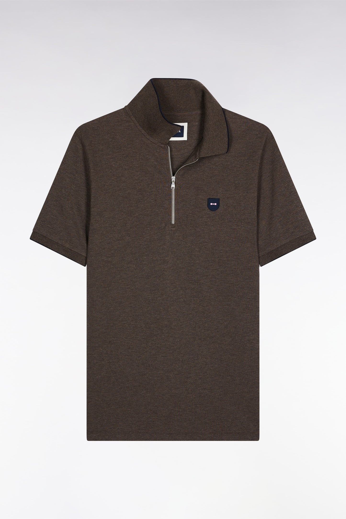 Short-sleeved polo shirt in brown stretch cotton piqué with zip and slim fit