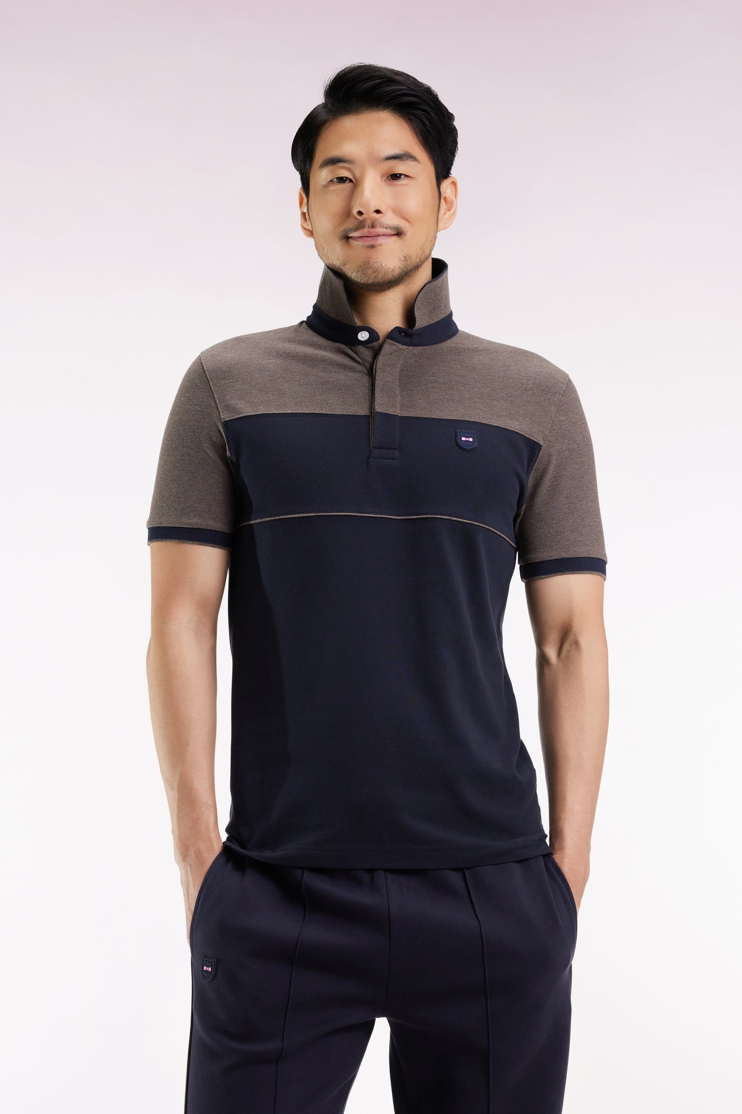Two-tone short-sleeved polo shirt in navy stretch cotton piqué, slim fit