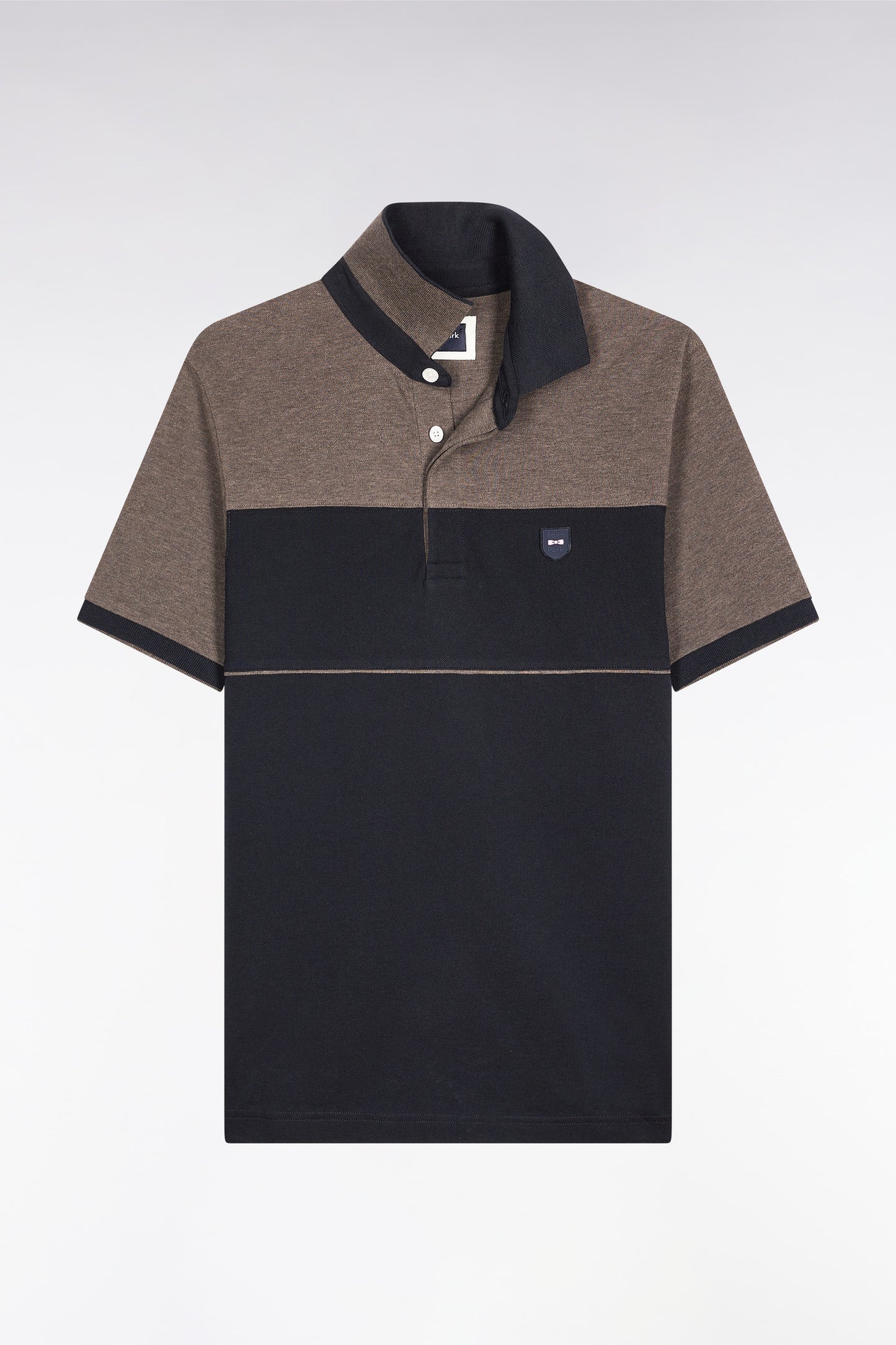 Two-tone short-sleeved polo shirt in navy stretch cotton piqué, slim fit