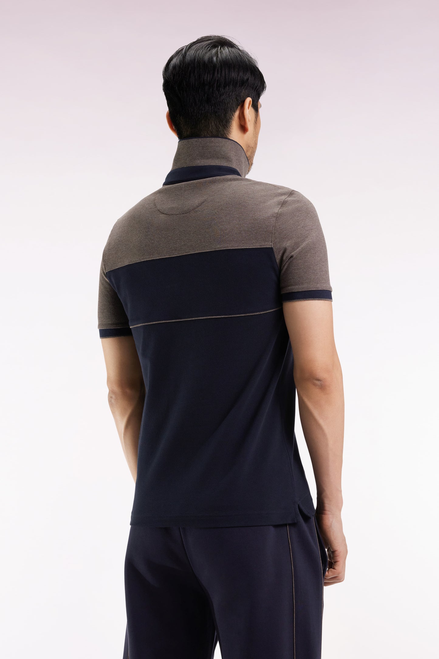 Two-tone short-sleeved polo shirt in navy stretch cotton piqué, slim fit