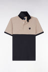 Two-tone short-sleeved polo shirt in stretch cotton piqué, dark grey, slim fit
