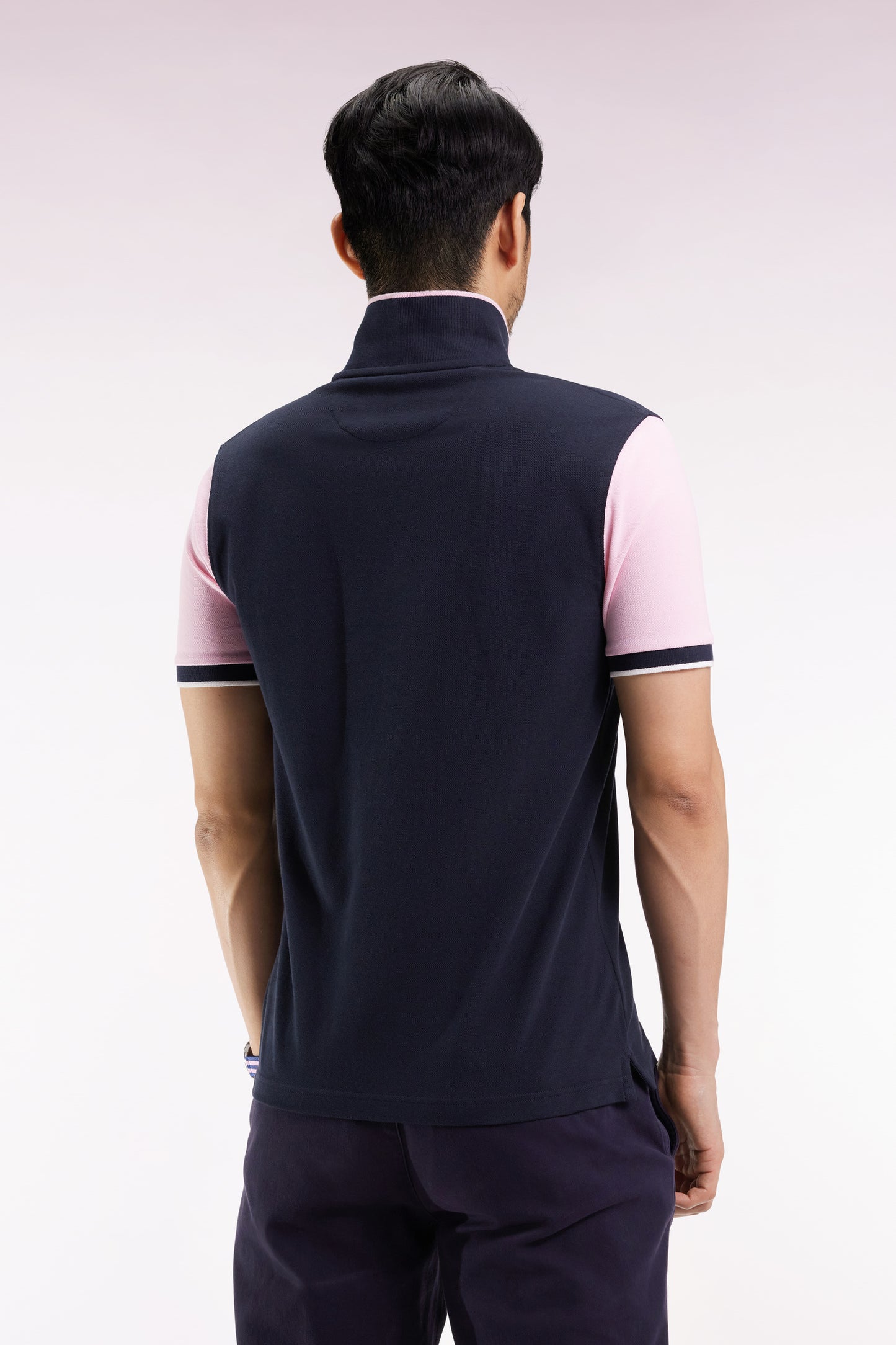 Navy cotton piqué polo shirt, short sleeves, straight cut