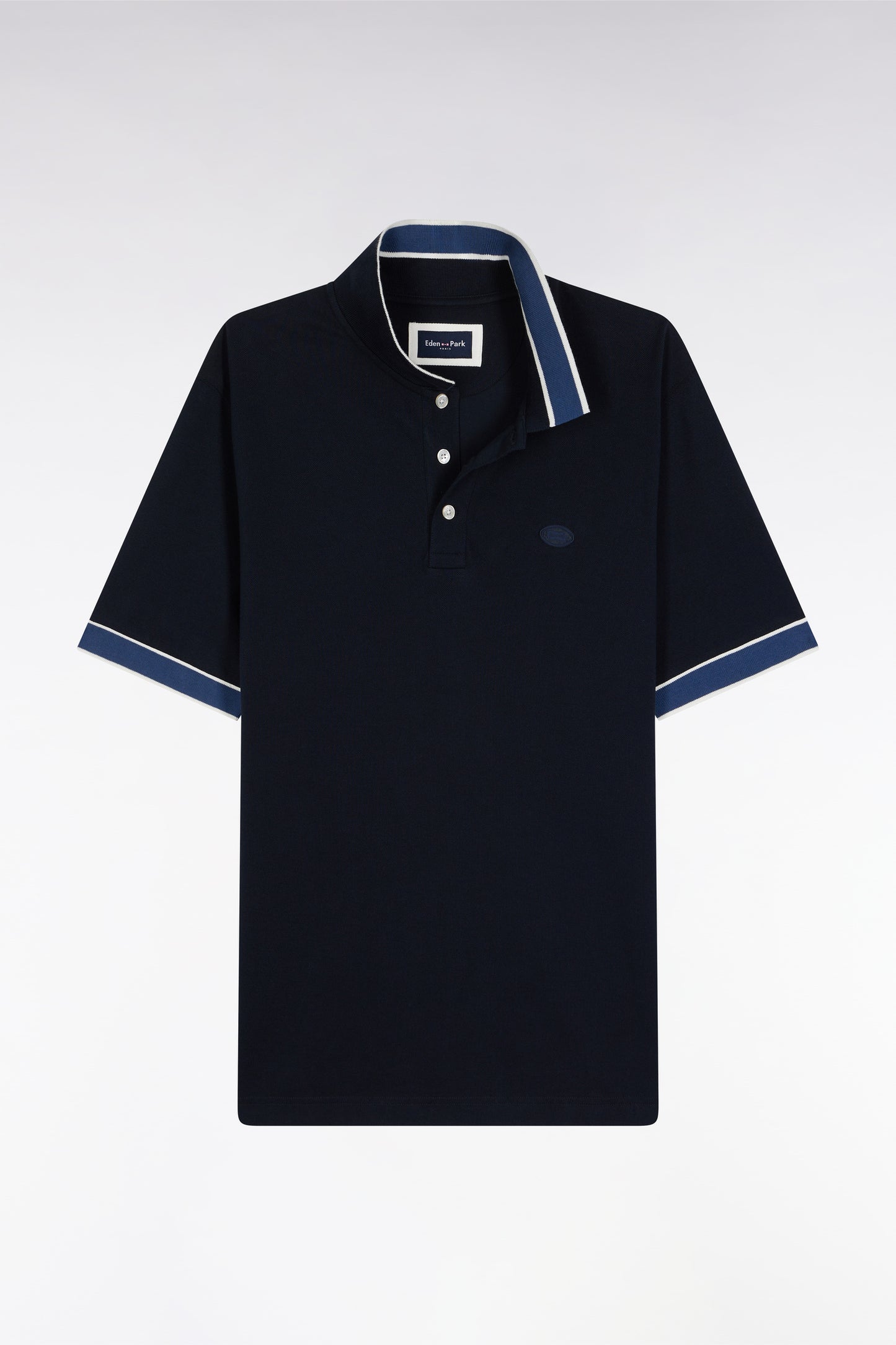 Short-sleeved navy cotton polo shirt, loose fit