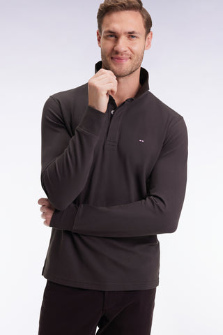 Long-sleeved polo shirt in brown stretch cotton, slim fit