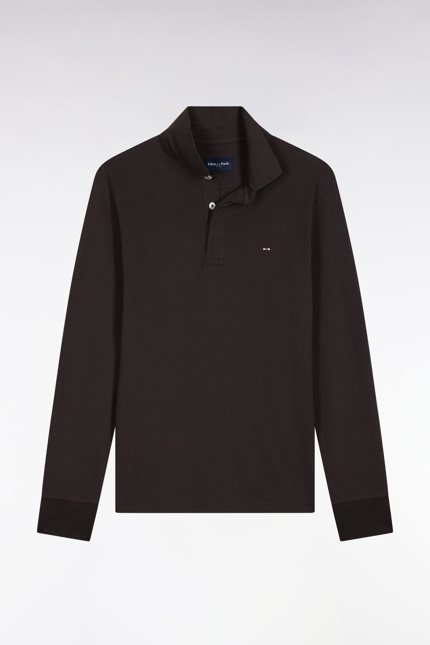 Polo à manches longues en coton stretch marron coupe slim