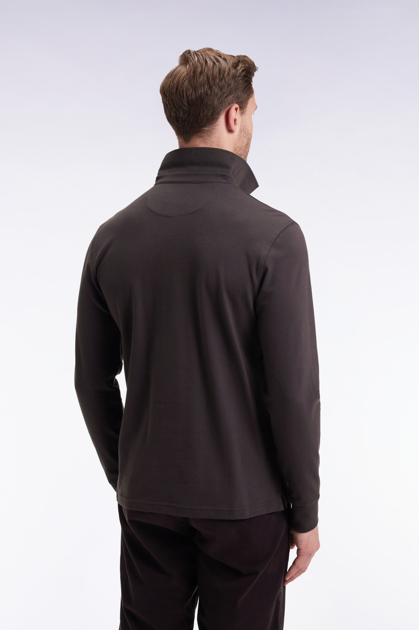 Polo à manches longues en coton stretch marron coupe slim