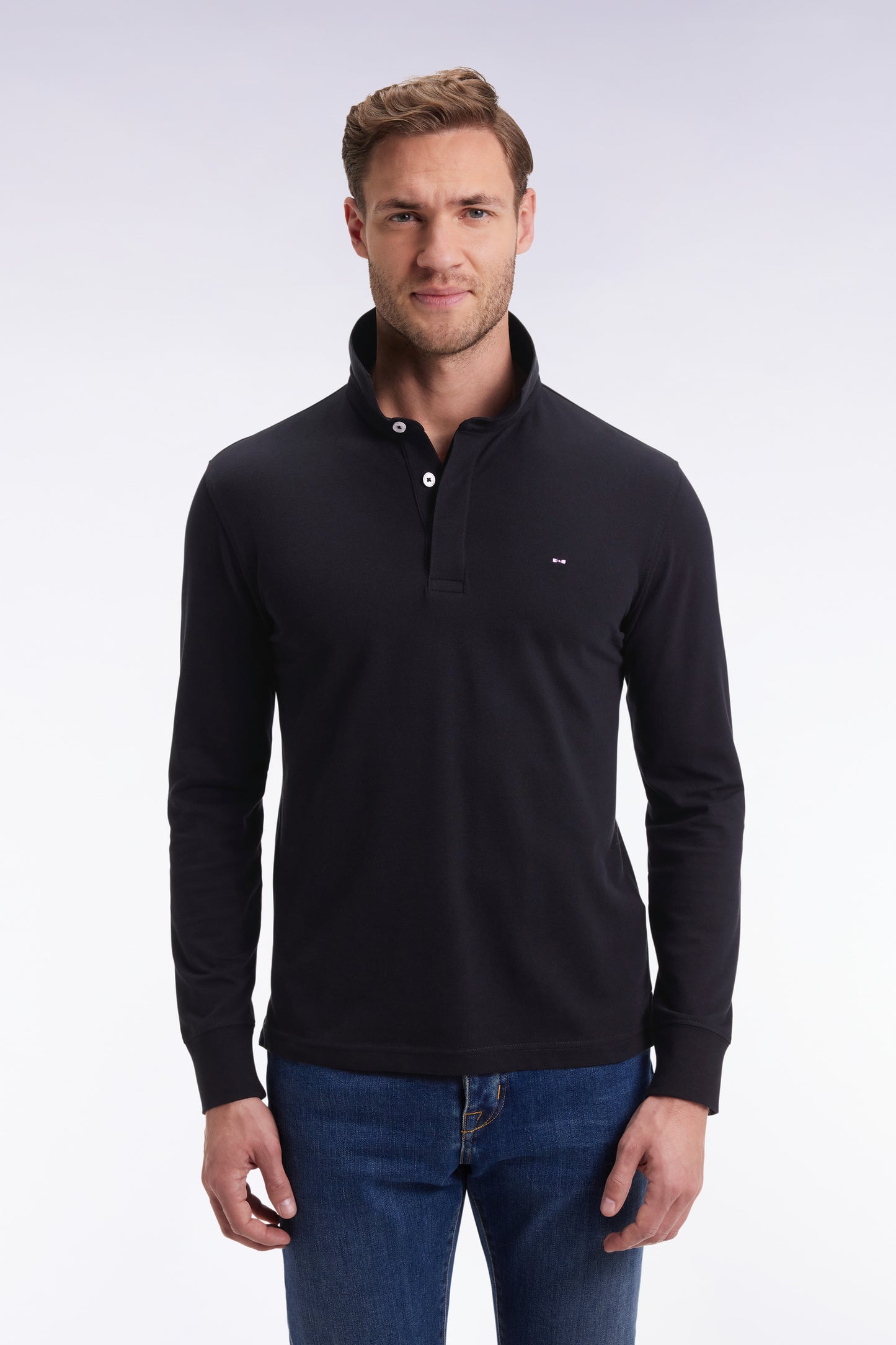 Polo à manches longues en coton stretch noir coupe slim