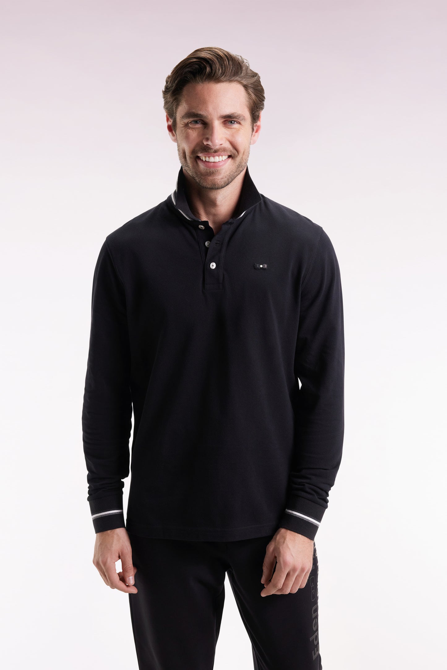 Relaxed fit long-sleeved polo shirt in black cotton