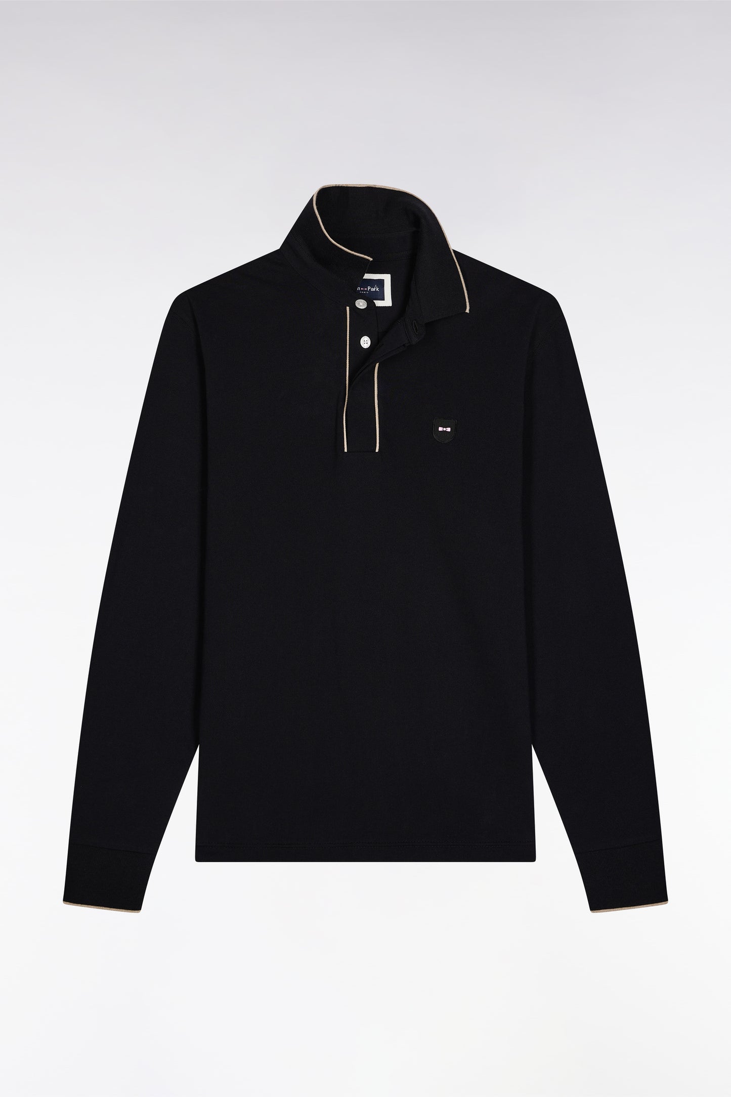 Long-sleeved polo shirt in black stretch cotton with piping, slim fit