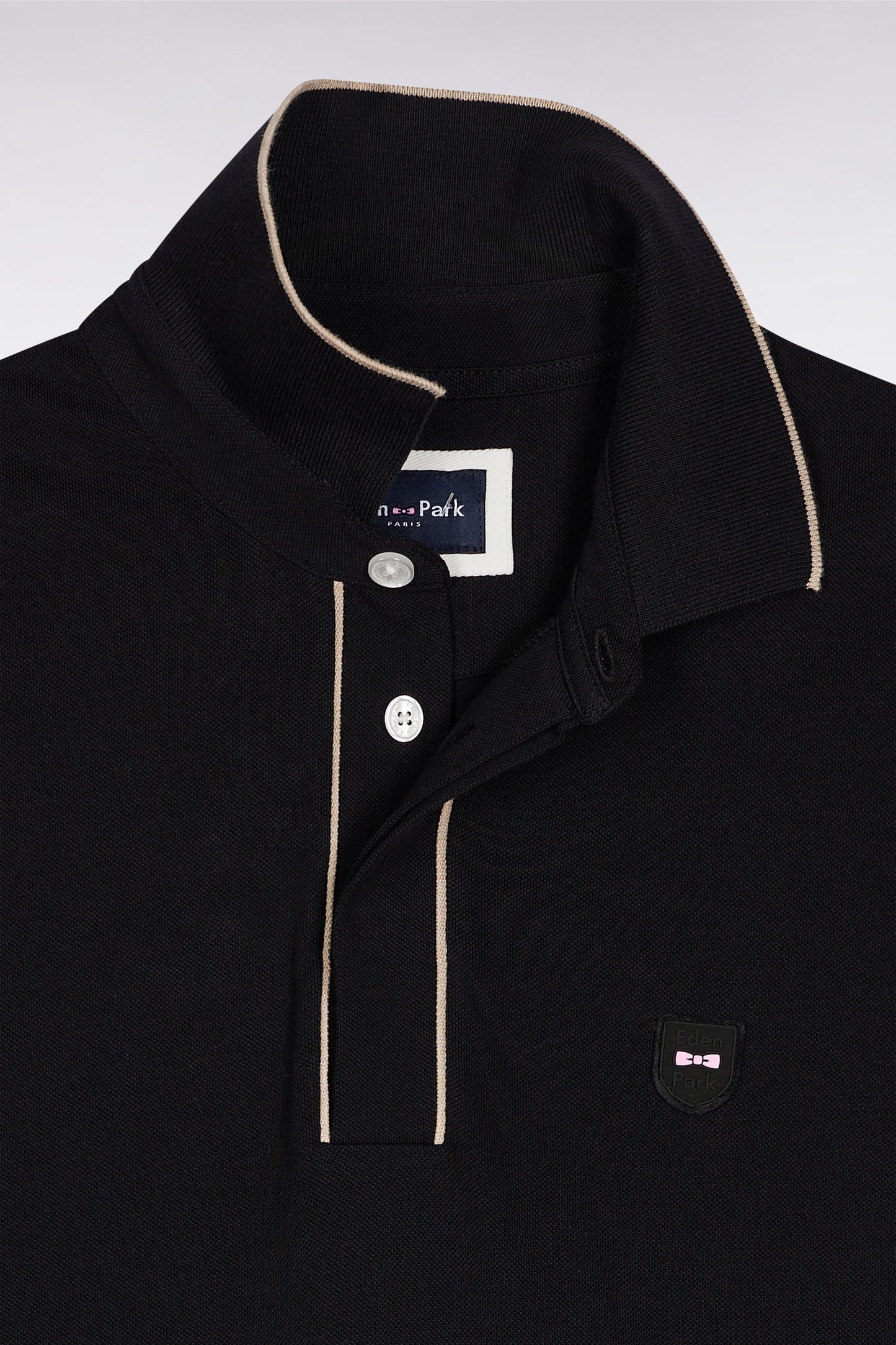 Long-sleeved polo shirt in black stretch cotton with piping, slim fit