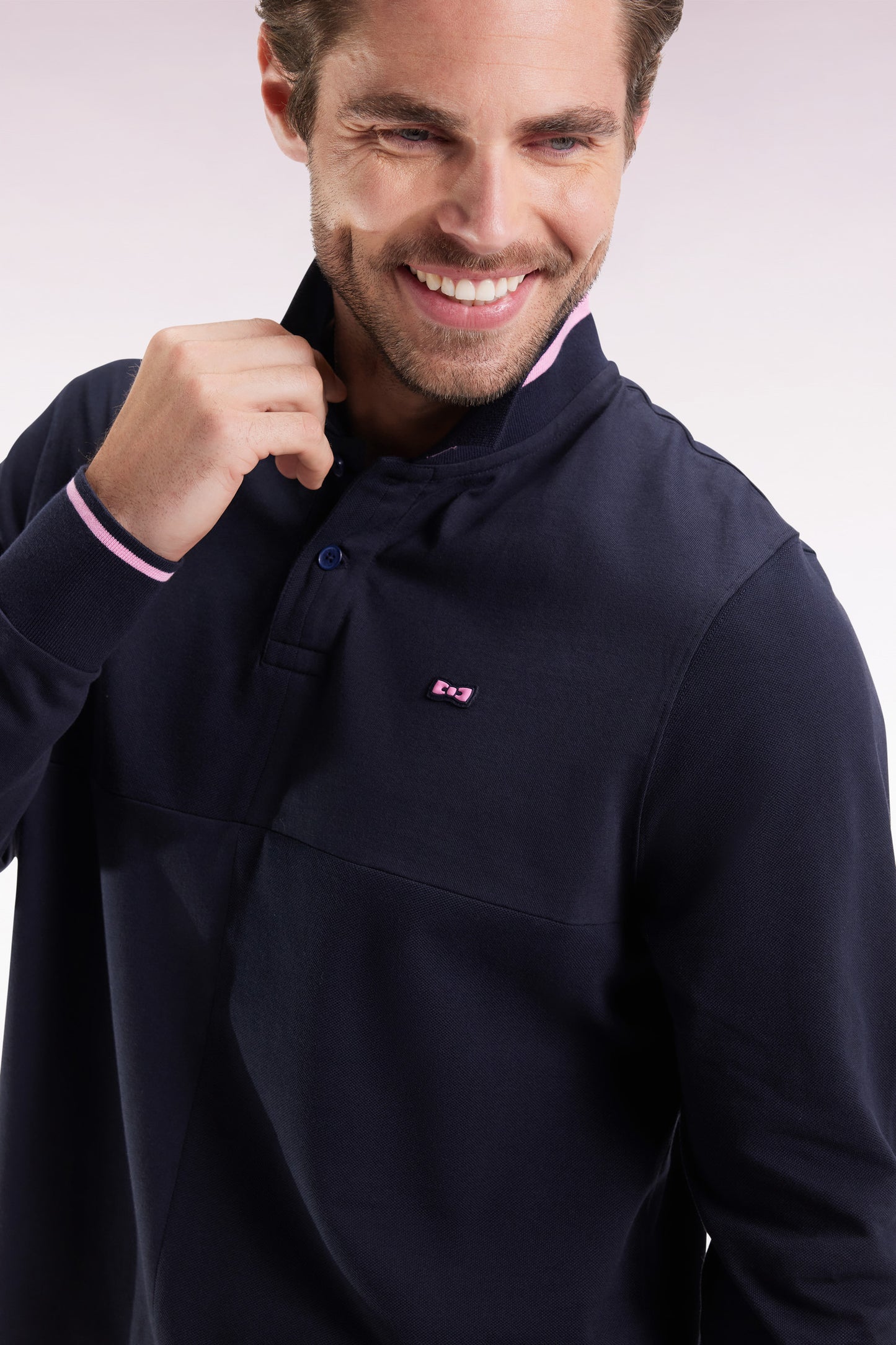 Long-sleeved polo shirt in navy cut and sewn Relaxed cut