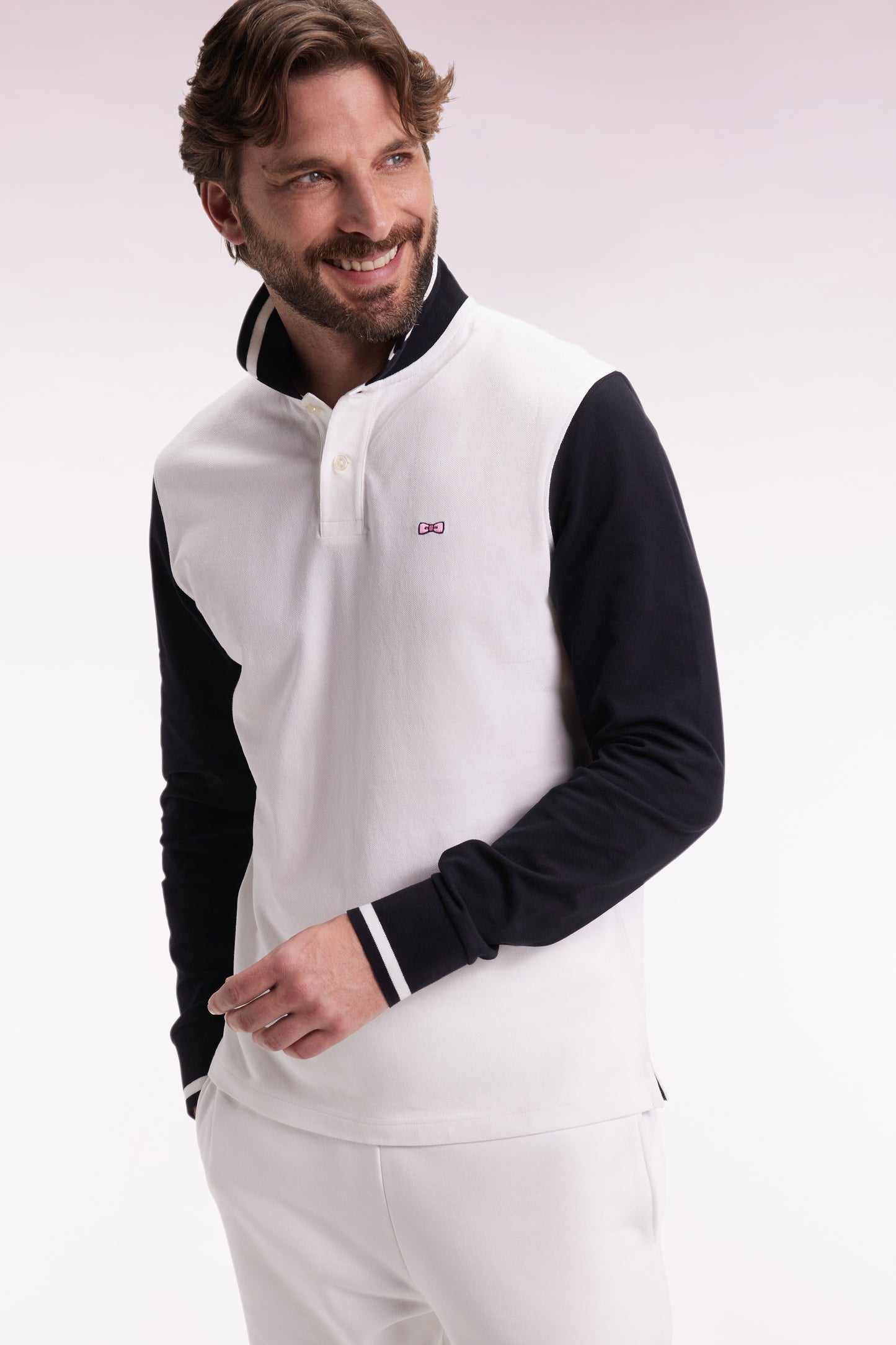 Long-sleeved polo shirt in two-tone cotton piqué, white, embroidered 10