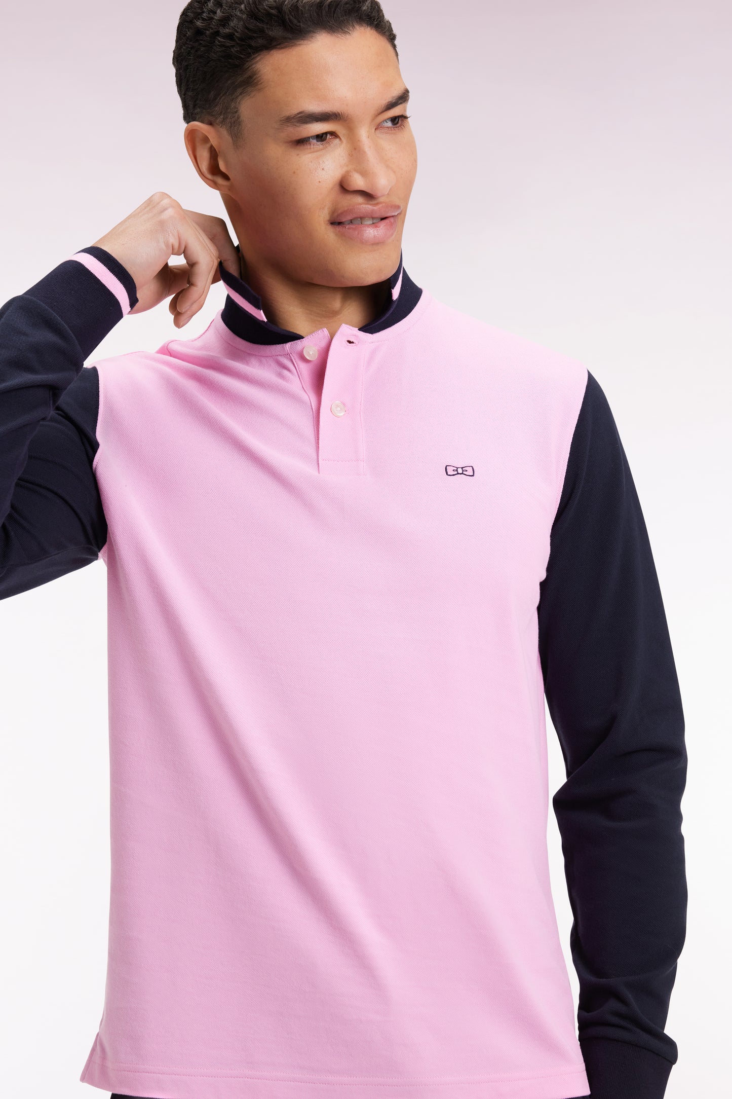 Long-sleeved polo shirt in two-tone pink cotton piqué with embroidery 10