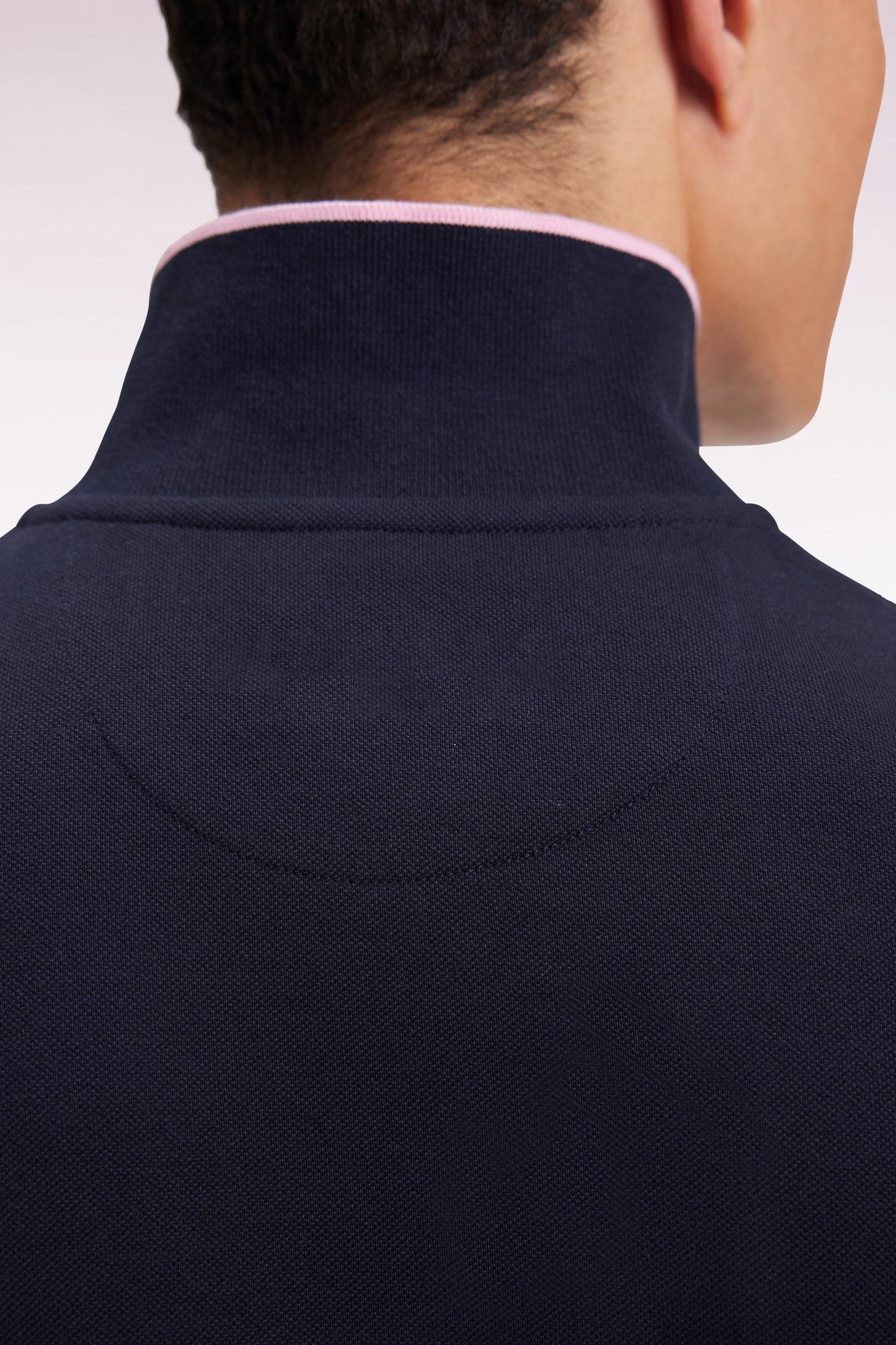 Long-sleeved polo shirt in pink stripe navy cotton piqué