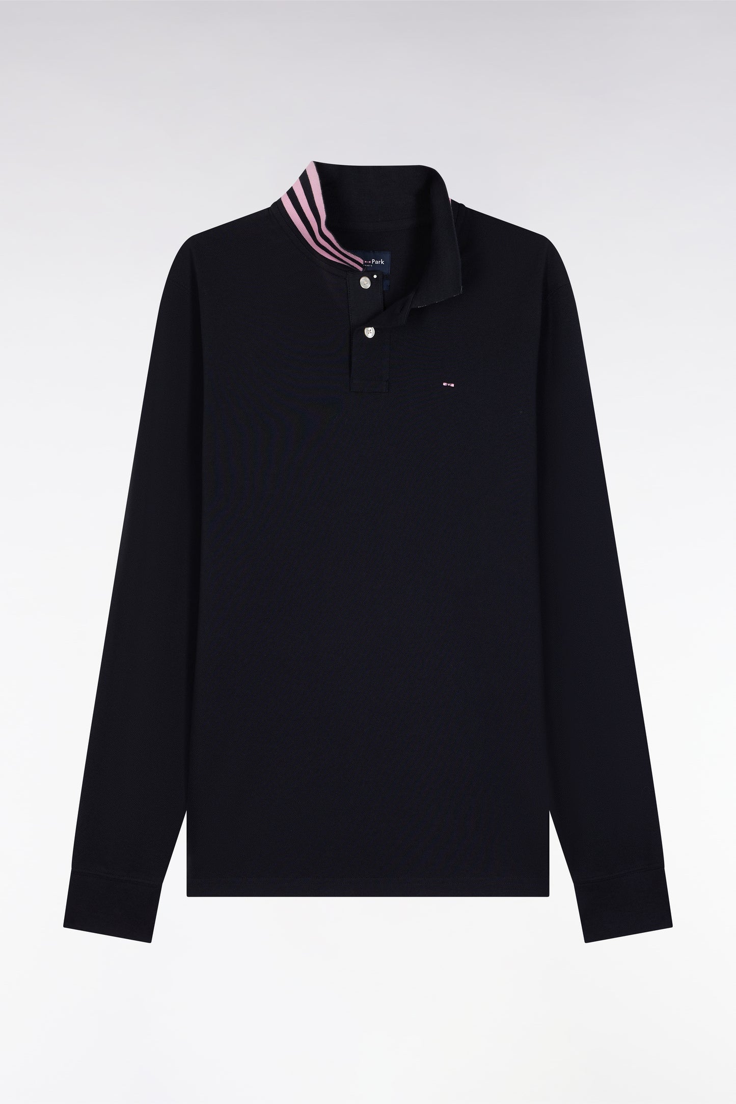 Long-sleeved polo shirt in navy cotton piqué with striped collar.