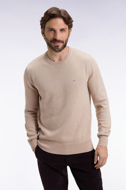 Round-neck sweater in beige wool and cotton - Image 3