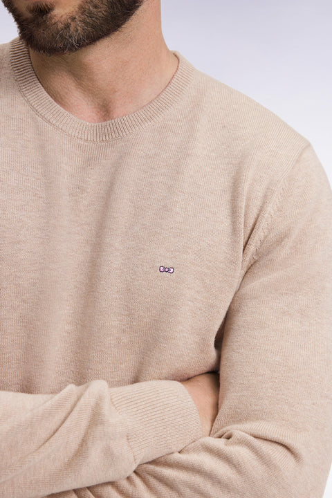 Round-neck sweater in beige wool and cotton - Image 1