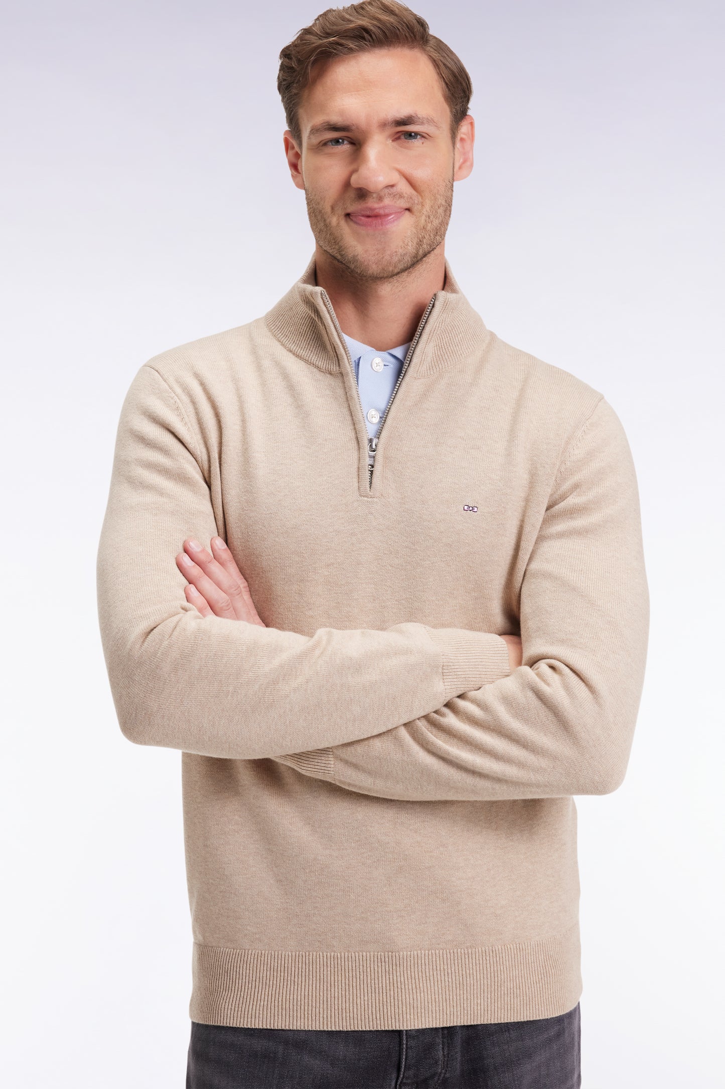 Beige wool and cotton trucker-neck sweater