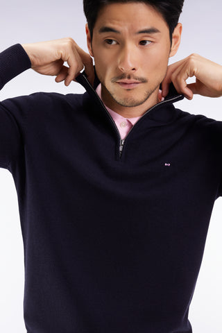 Dark blue wool and cotton trucker-neck sweater