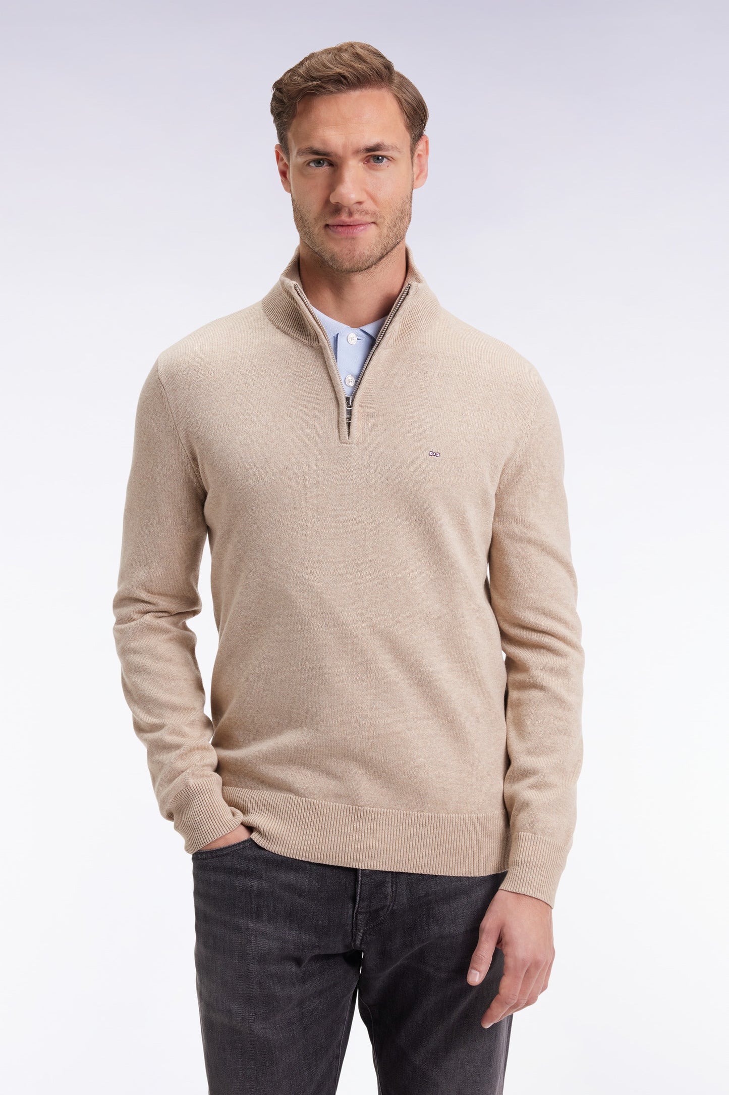 Beige wool and cotton trucker-neck sweater
