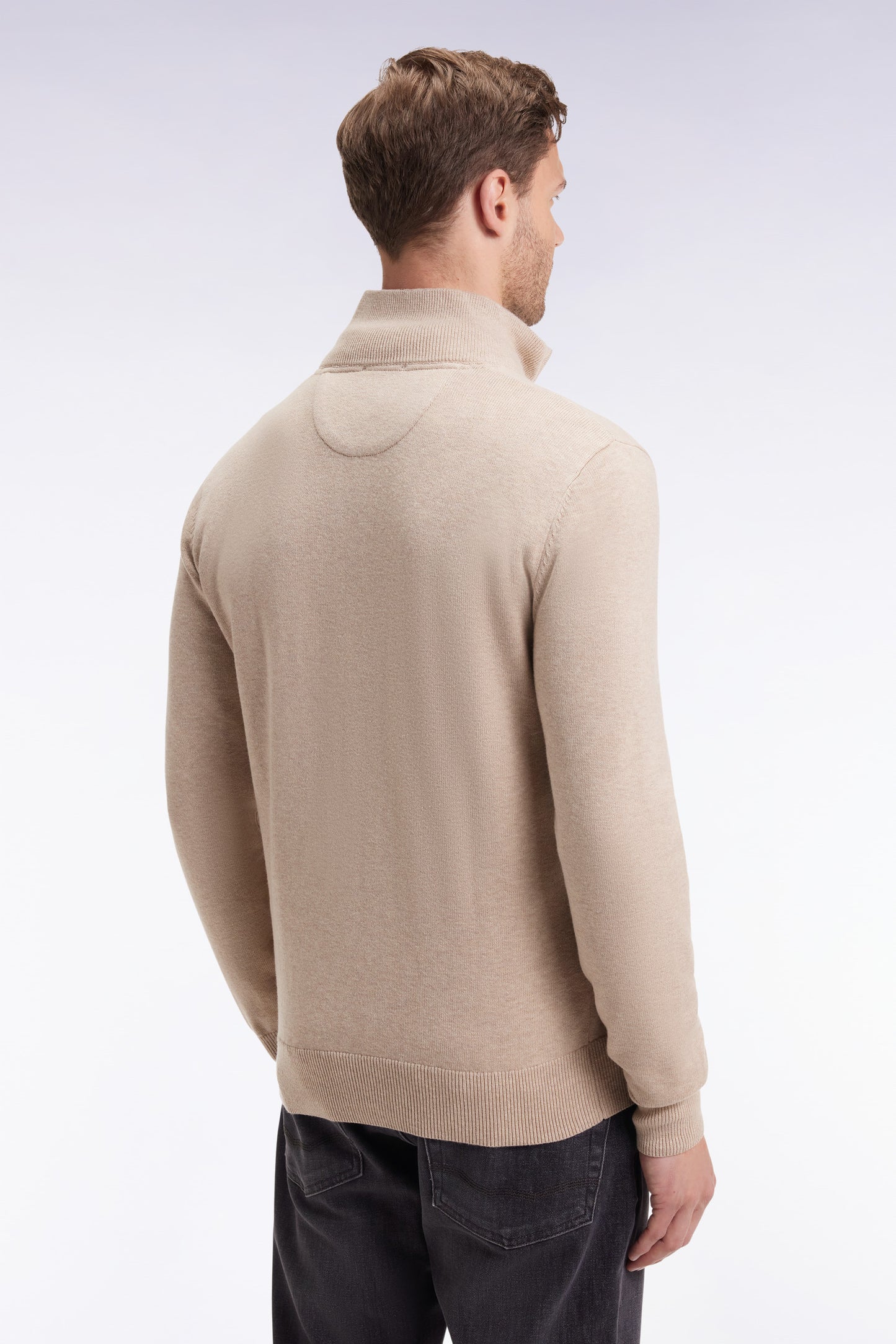 Beige wool and cotton trucker-neck sweater