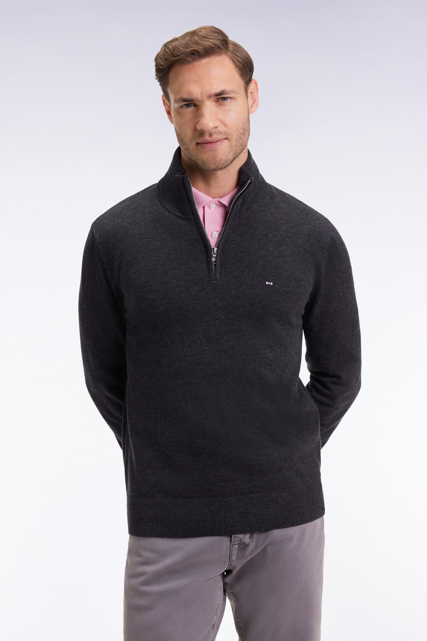 Dark grey wool and cotton trucker-neck sweater