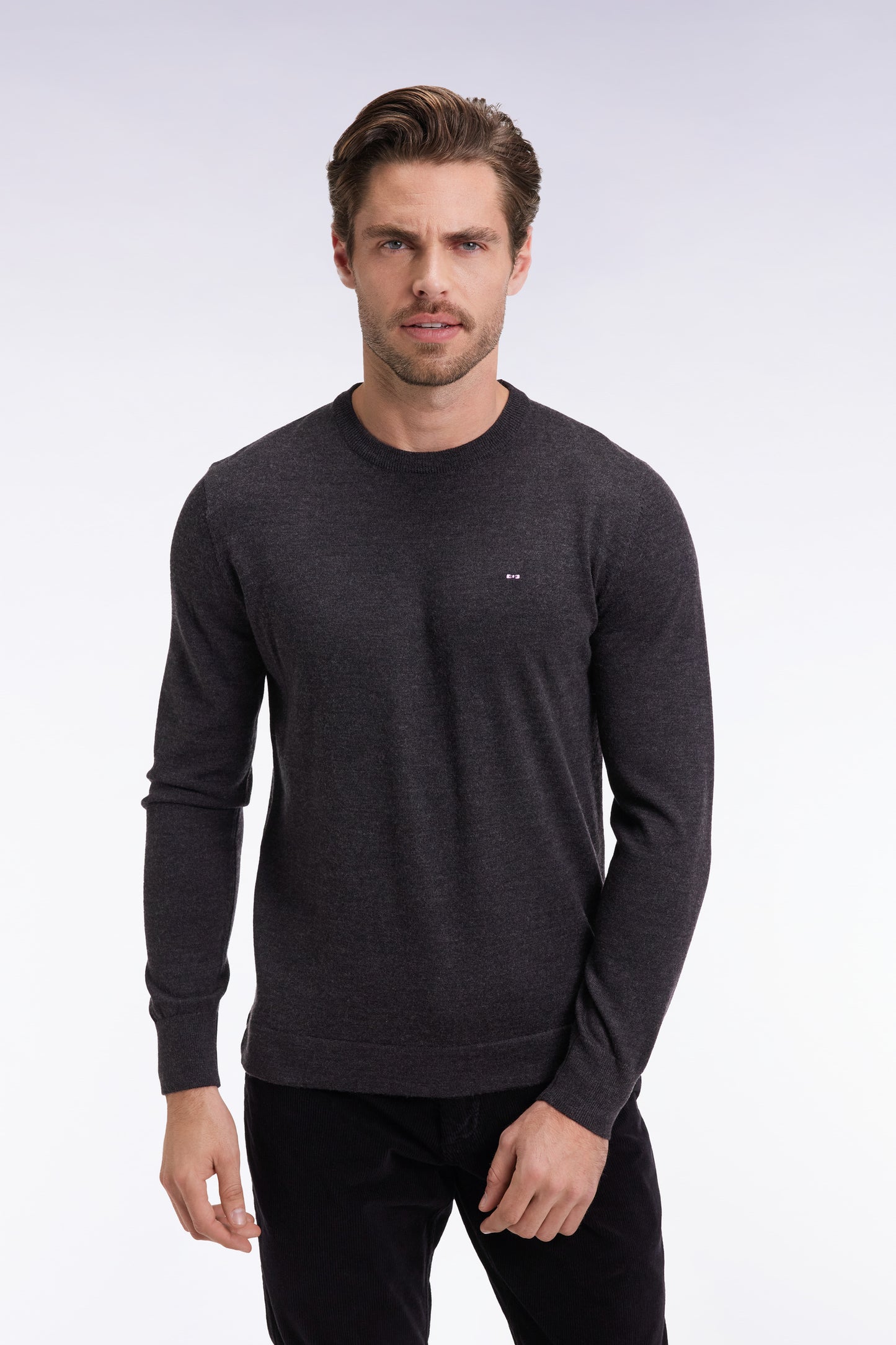 Dark grey merino wool round-neck sweater