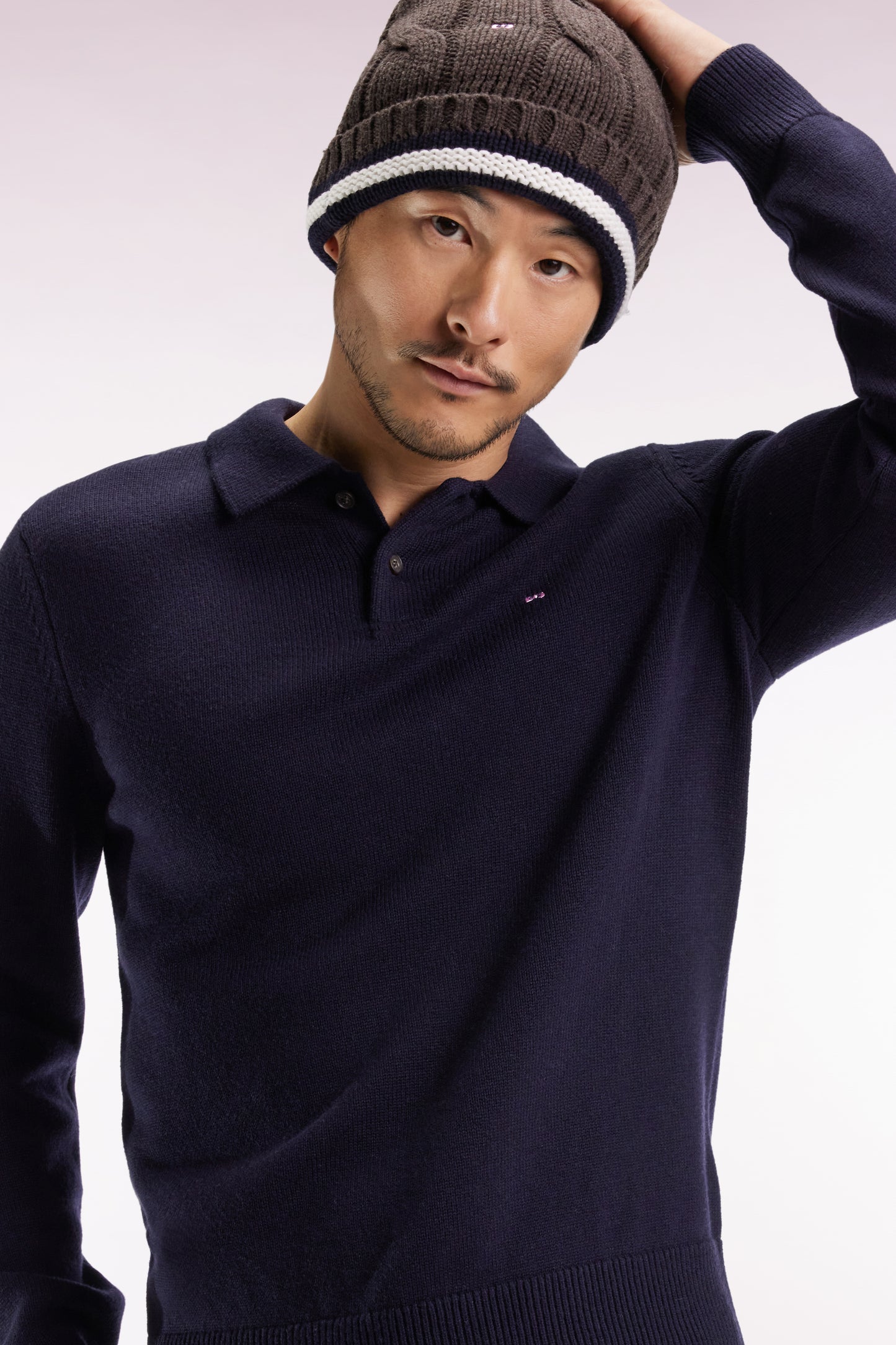 Chunky shirt-neck sweater in navy wool and cotton